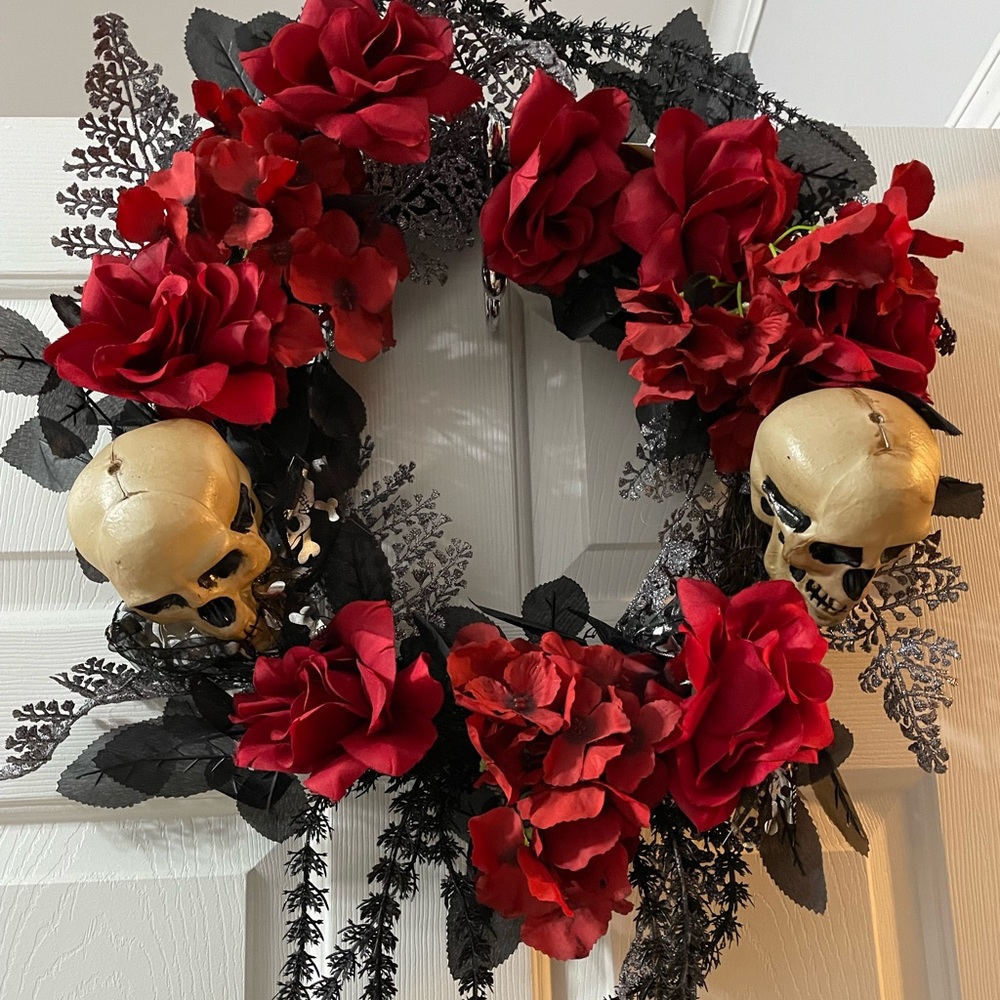 Halloween Hallowed Skulls & Roses wreath